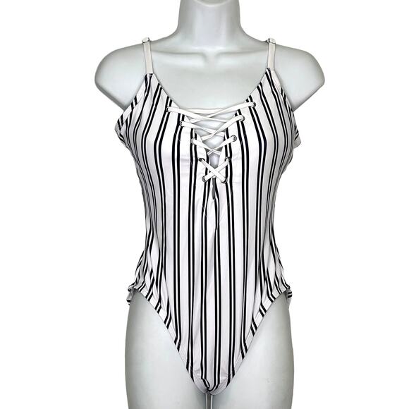 Nautica Other - Nautica Blue White Striped Lace Front One-Piece Swimsuit